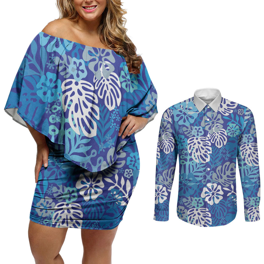 Blue Aloha Hawaiian Couples Matching Off Shoulder Short Dress and Long Sleeve Button Shirt Monstera Hibiscus Tropical Pattern