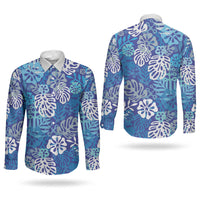 Blue Aloha Hawaiian Couples Matching Off Shoulder Short Dress and Long Sleeve Button Shirt Monstera Hibiscus Tropical Pattern