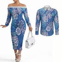 Blue Aloha Hawaiian Couples Matching Off The Shoulder Long Sleeve Dress and Long Sleeve Button Shirt Monstera Hibiscus Tropical Pattern