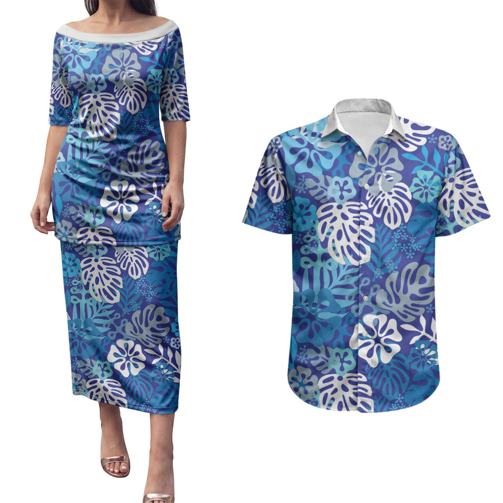 Blue Aloha Hawaiian Couples Matching Puletasi and Hawaiian Shirt Monstera Hibiscus Tropical Pattern