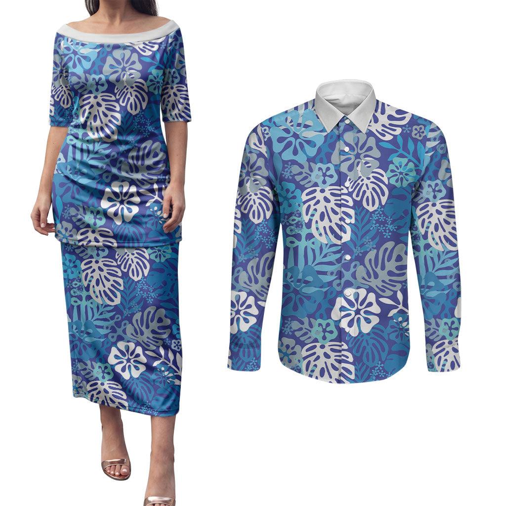 Blue Aloha Hawaiian Couples Matching Puletasi and Long Sleeve Button Shirt Monstera Hibiscus Tropical Pattern