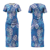 Blue Aloha Hawaiian Couples Matching Short Sleeve Bodycon Dress and Hawaiian Shirt Monstera Hibiscus Tropical Pattern
