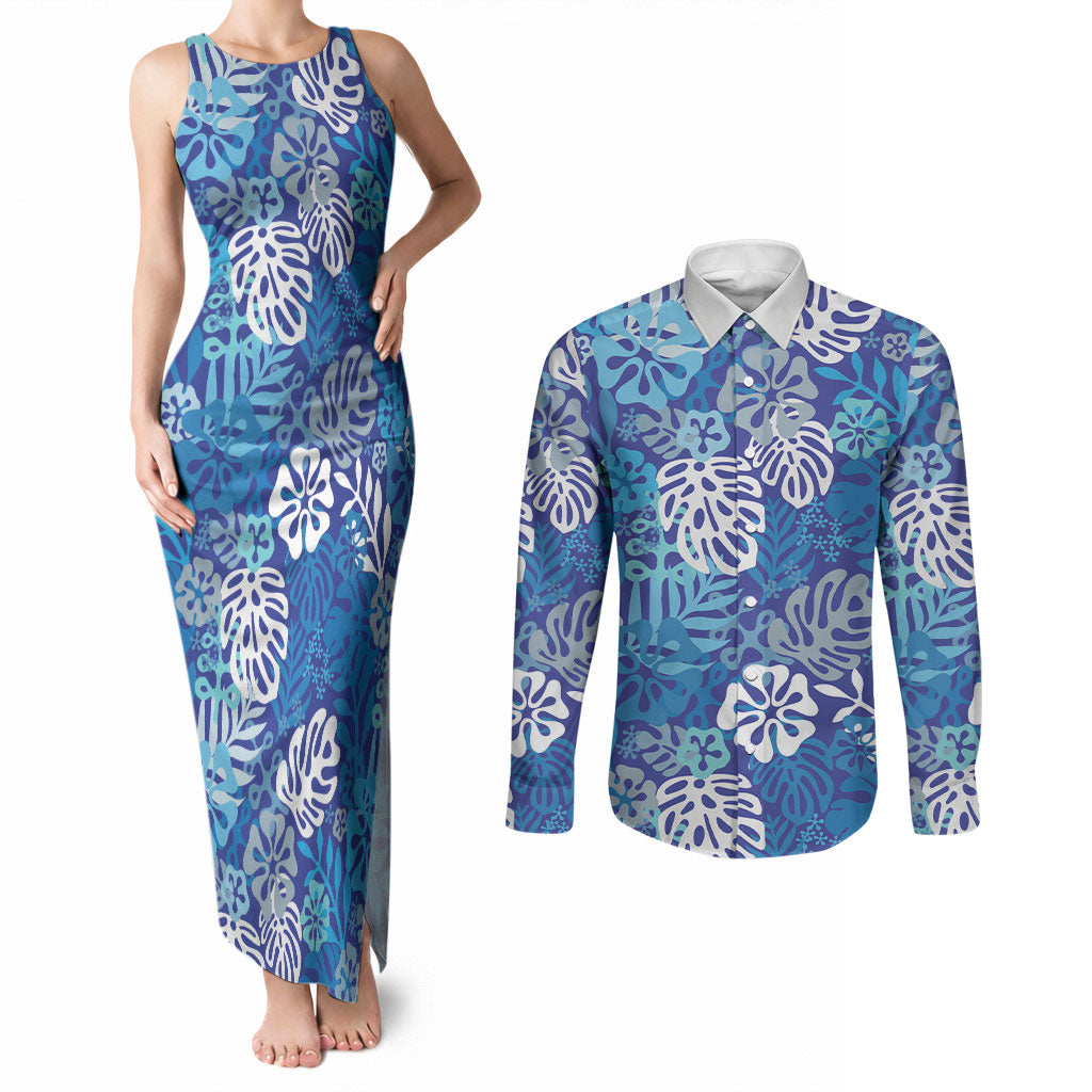 Blue Aloha Hawaiian Couples Matching Tank Maxi Dress and Long Sleeve Button Shirt Monstera Hibiscus Tropical Pattern