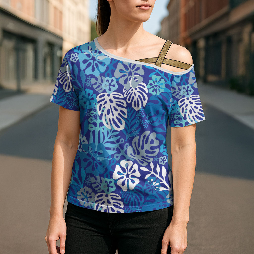 Blue Aloha Hawaiian Cross Shoulder Shirt Monstera Hibiscus Tropical Pattern