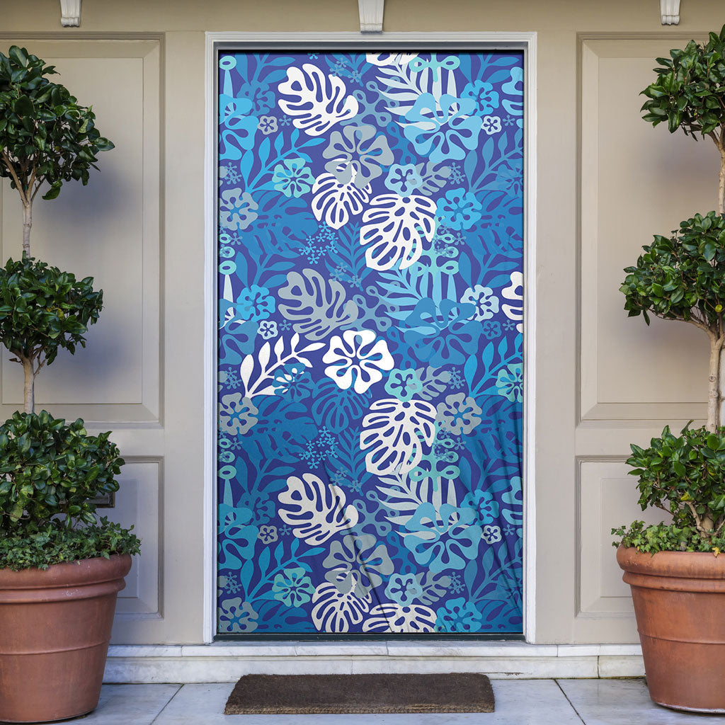 Blue Aloha Hawaiian Door Cover Monstera Hibiscus Tropical Pattern
