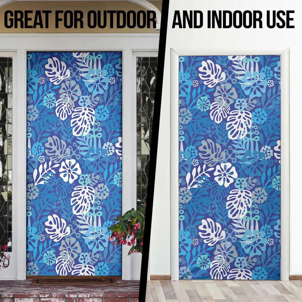 Blue Aloha Hawaiian Door Cover Monstera Hibiscus Tropical Pattern