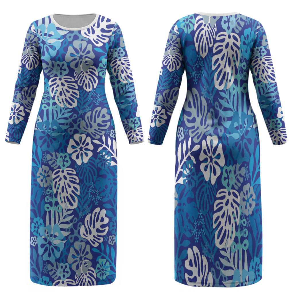 Blue Aloha Hawaiian Family Matching Long Sleeve Bodycon Dress and Hawaiian Shirt Monstera Hibiscus Tropical Pattern