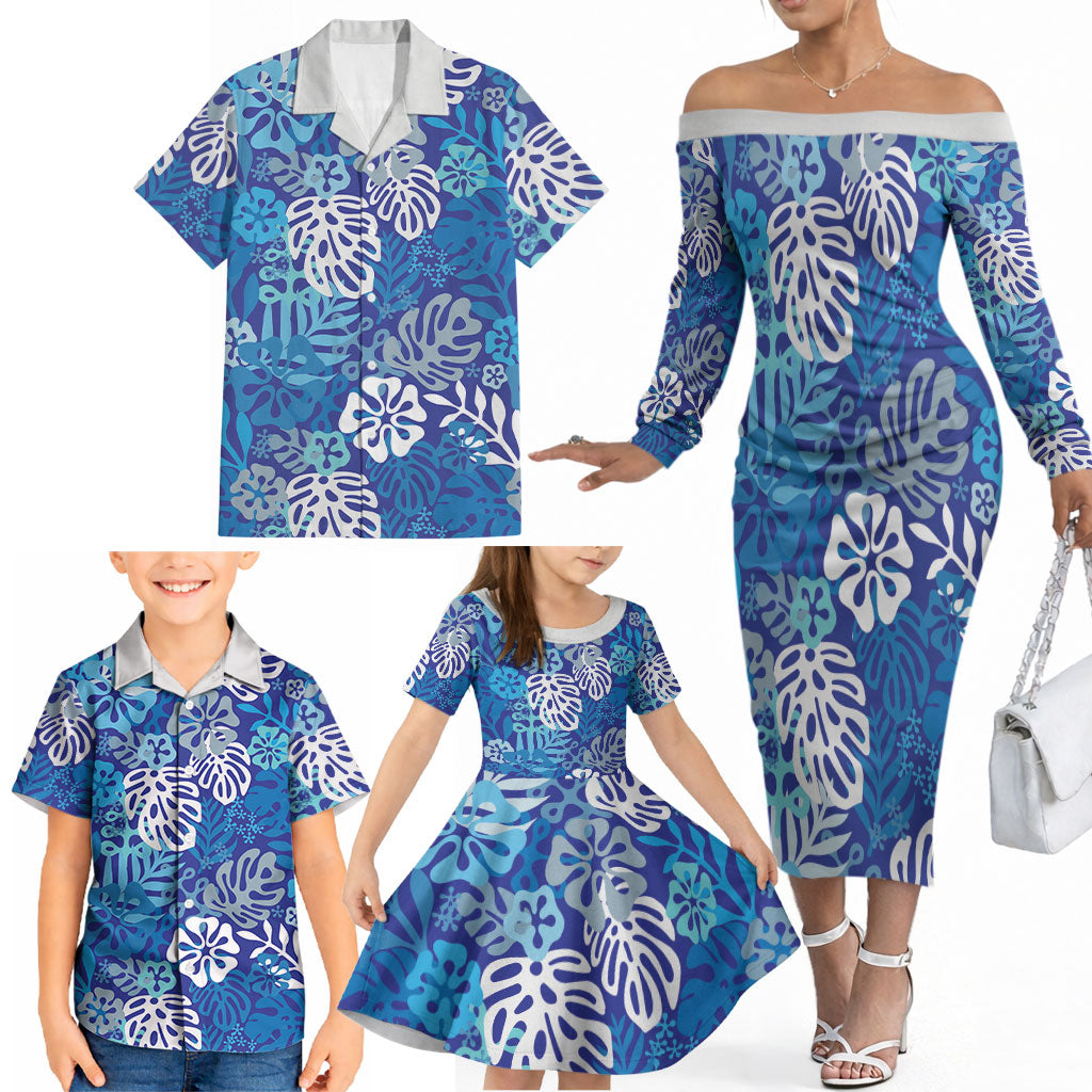 Blue Aloha Hawaiian Family Matching Off The Shoulder Long Sleeve Dress and Hawaiian Shirt Monstera Hibiscus Tropical Pattern