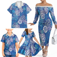 Blue Aloha Hawaiian Family Matching Off The Shoulder Long Sleeve Dress and Hawaiian Shirt Monstera Hibiscus Tropical Pattern