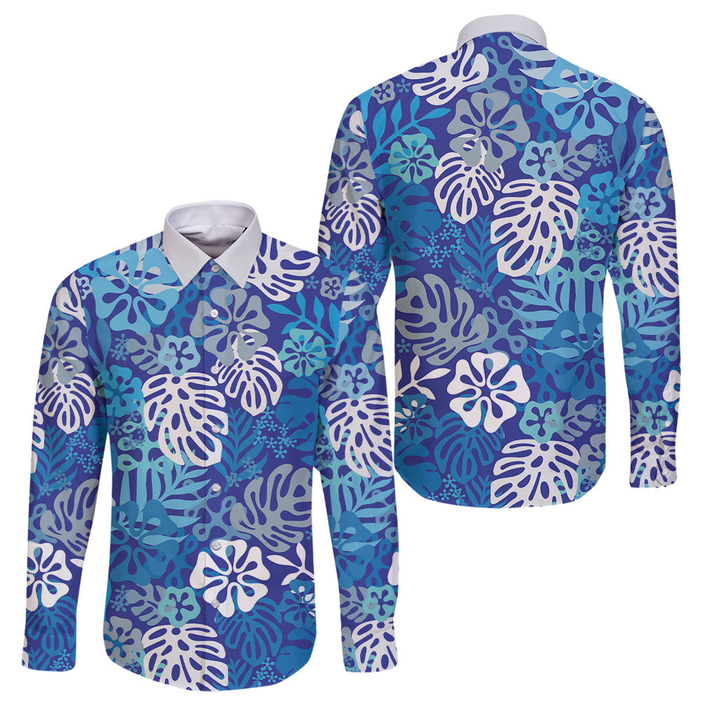 Blue Aloha Hawaiian Family Matching Off The Shoulder Long Sleeve Dress and Hawaiian Shirt Monstera Hibiscus Tropical Pattern