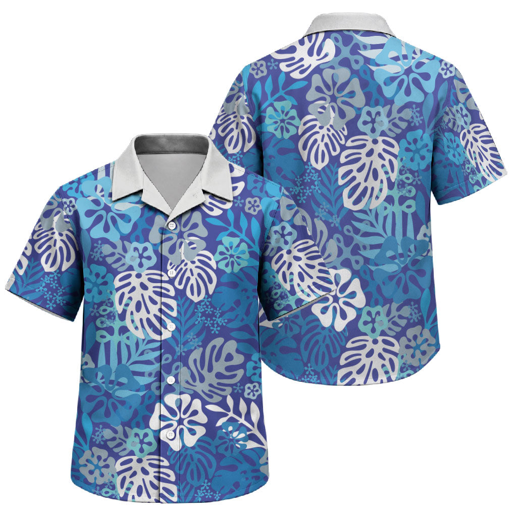 Blue Aloha Hawaiian Family Matching Off The Shoulder Long Sleeve Dress and Hawaiian Shirt Monstera Hibiscus Tropical Pattern