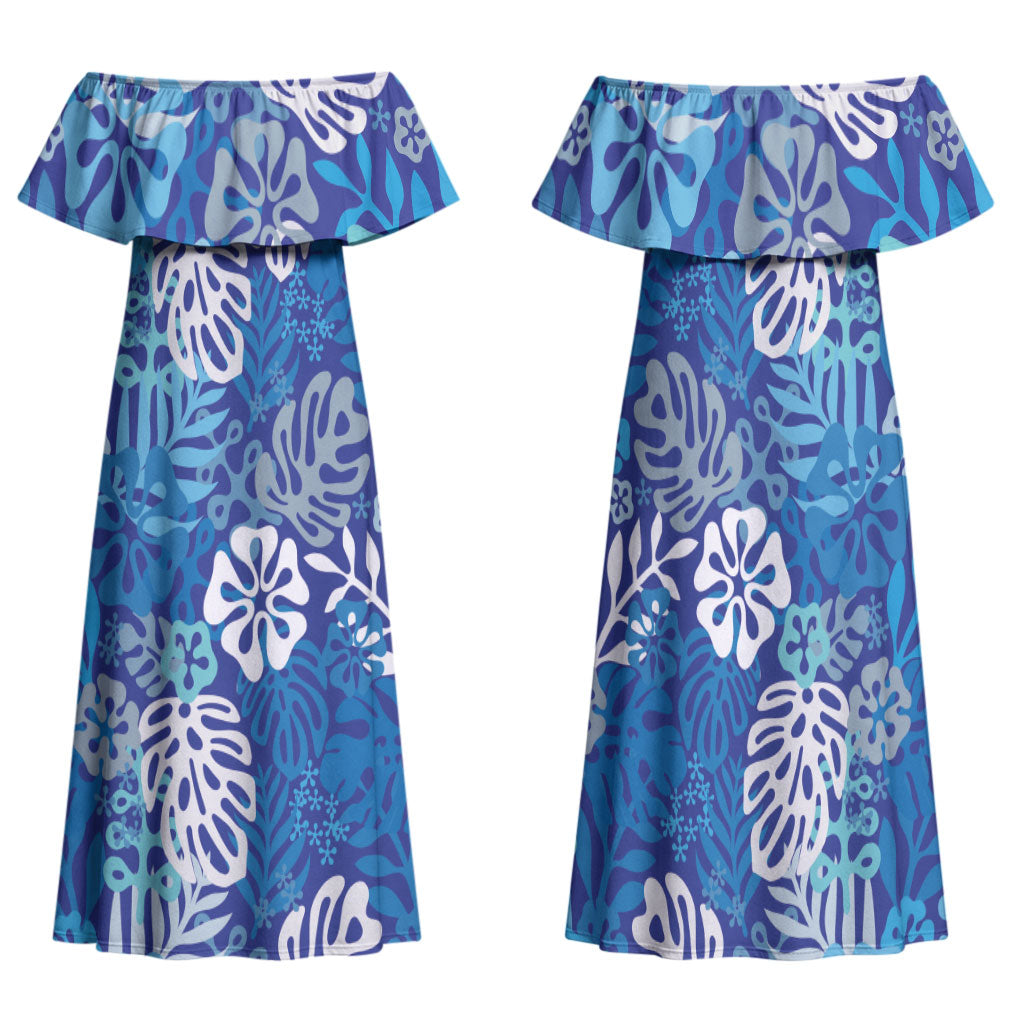 Blue Aloha Hawaiian Family Matching Off Shoulder Maxi Dress and Hawaiian Shirt Monstera Hibiscus Tropical Pattern