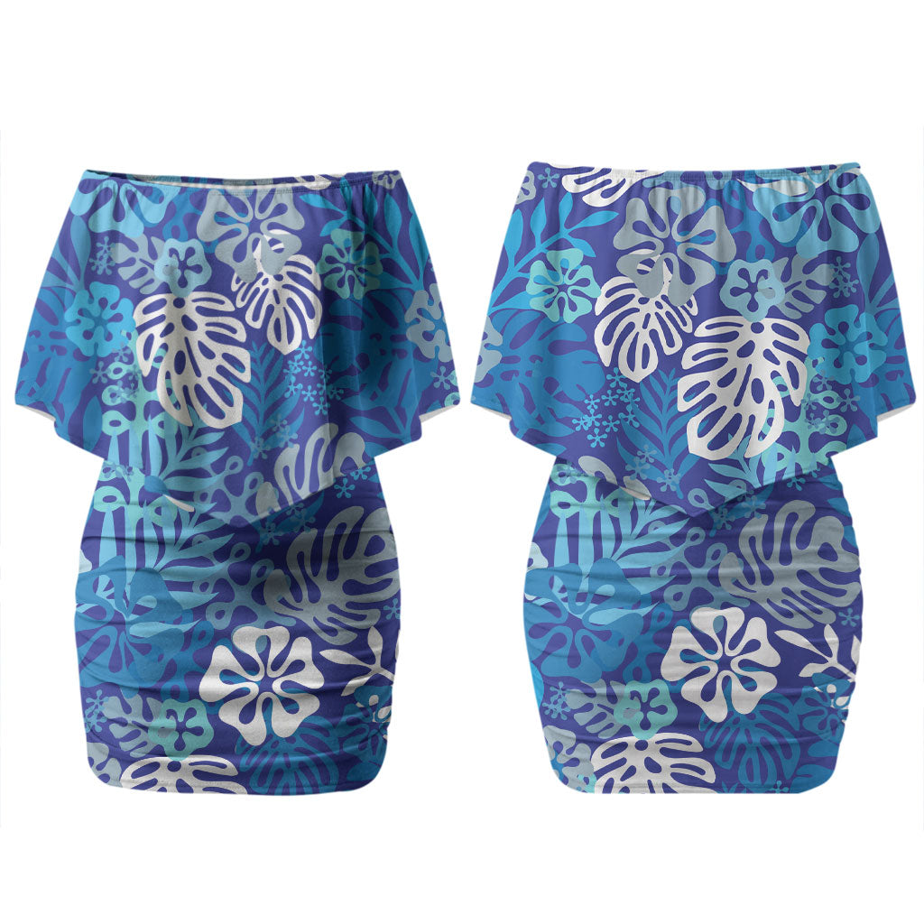 Blue Aloha Hawaiian Family Matching Off Shoulder Short Dress and Hawaiian Shirt Monstera Hibiscus Tropical Pattern