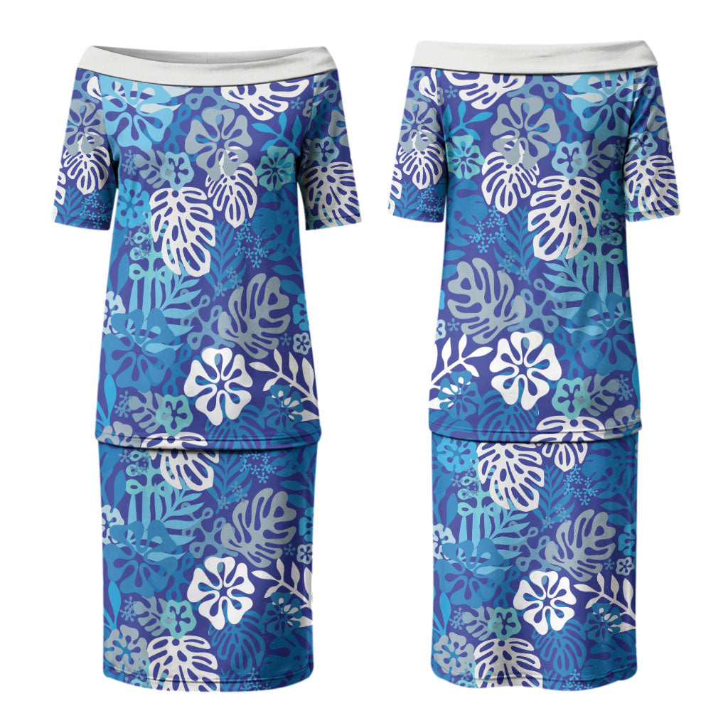Blue Aloha Hawaiian Family Matching Puletasi and Hawaiian Shirt Monstera Hibiscus Tropical Pattern