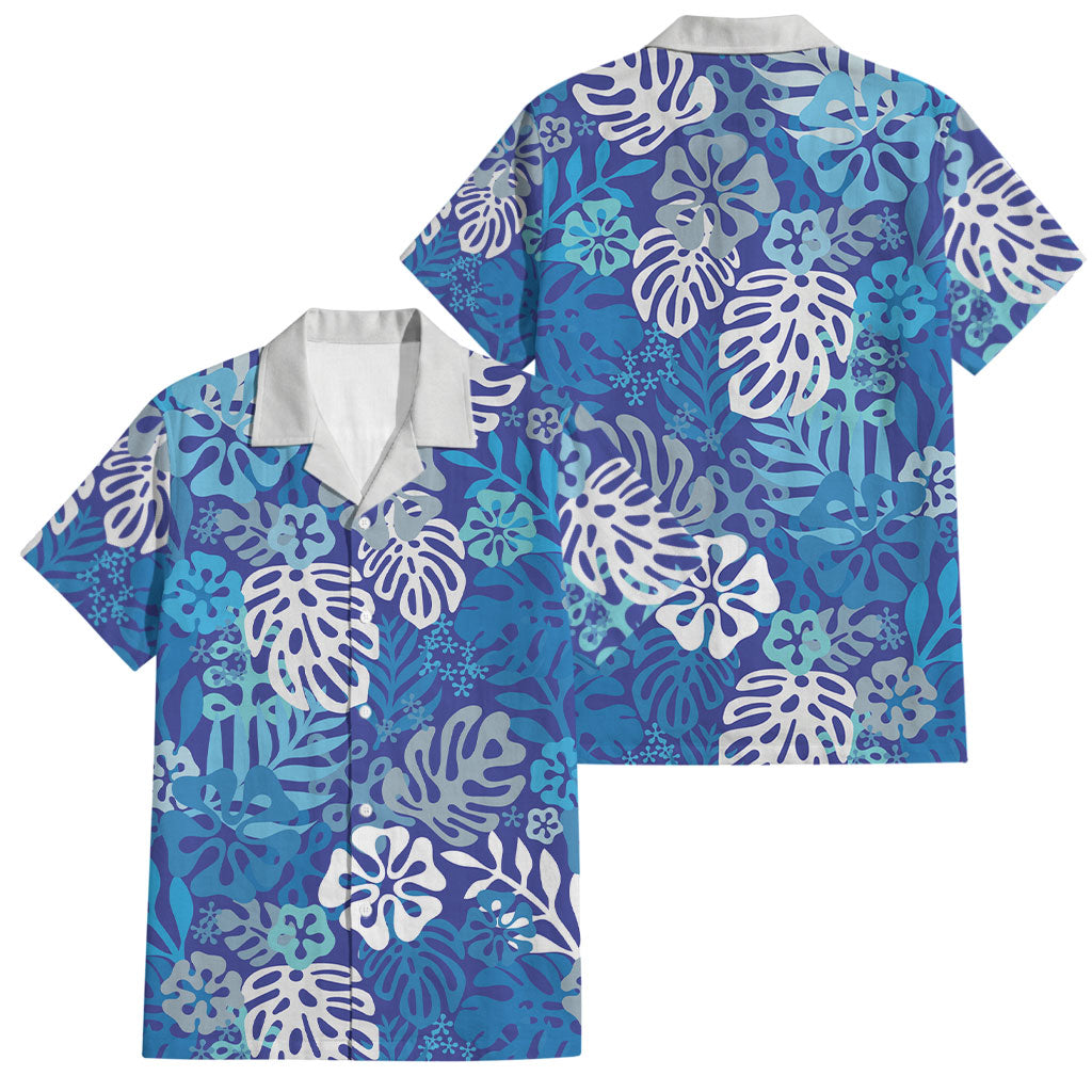 Blue Aloha Hawaiian Family Matching Puletasi and Hawaiian Shirt Monstera Hibiscus Tropical Pattern