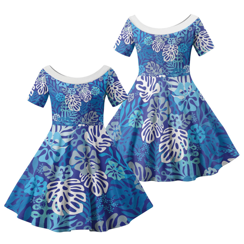 Blue Aloha Hawaiian Family Matching Puletasi and Hawaiian Shirt Monstera Hibiscus Tropical Pattern