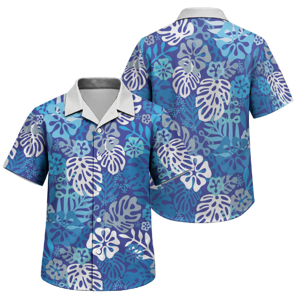 Blue Aloha Hawaiian Family Matching Puletasi and Hawaiian Shirt Monstera Hibiscus Tropical Pattern