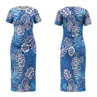 Blue Aloha Hawaiian Family Matching Short Sleeve Bodycon Dress and Hawaiian Shirt Monstera Hibiscus Tropical Pattern