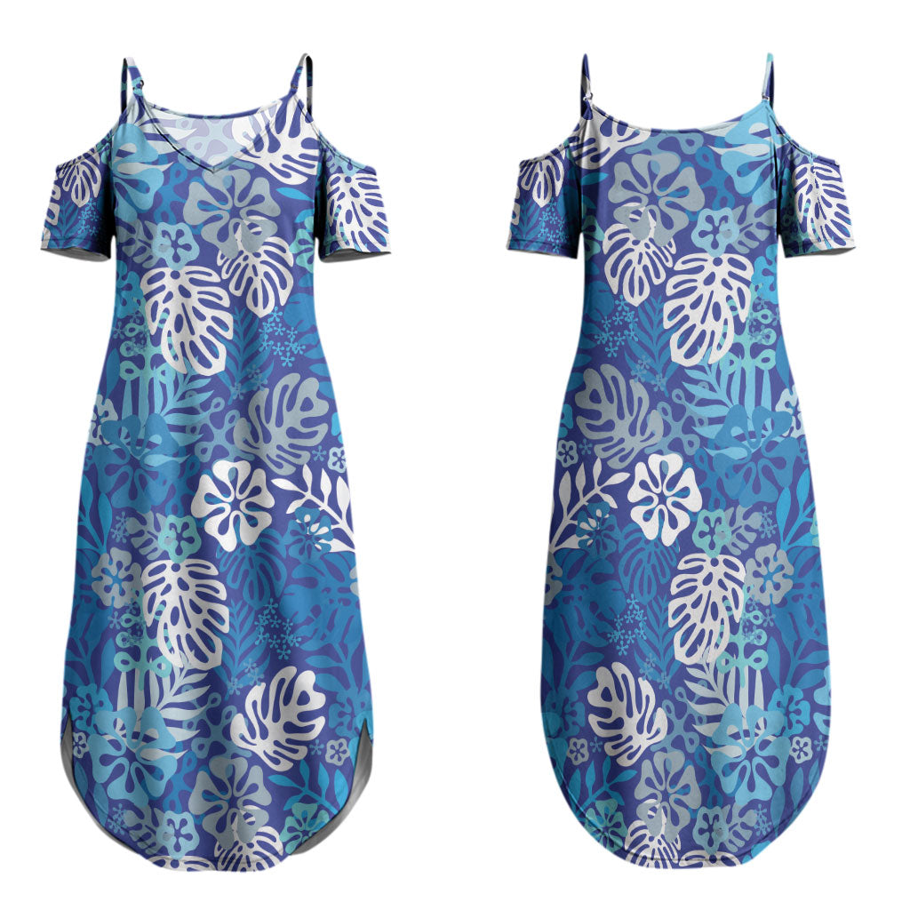 Blue Aloha Hawaiian Family Matching Summer Maxi Dress and Hawaiian Shirt Monstera Hibiscus Tropical Pattern