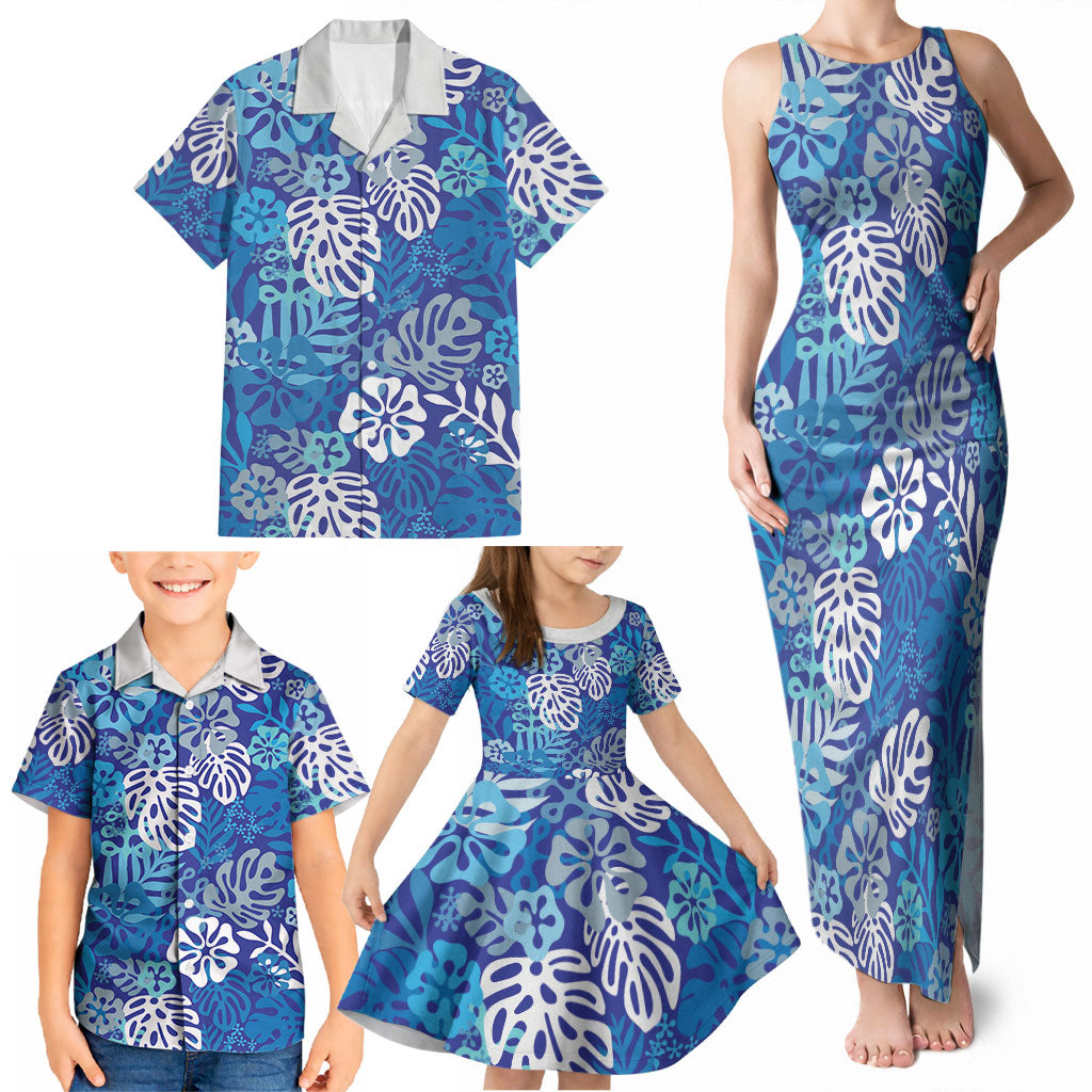 Blue Aloha Hawaiian Family Matching Tank Maxi Dress and Hawaiian Shirt Monstera Hibiscus Tropical Pattern