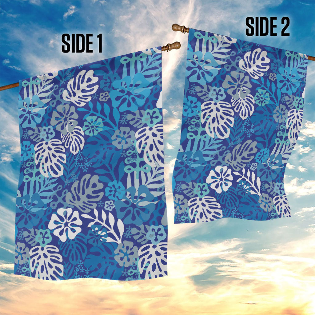 Blue Aloha Hawaiian Garden Flag Monstera Hibiscus Tropical Pattern