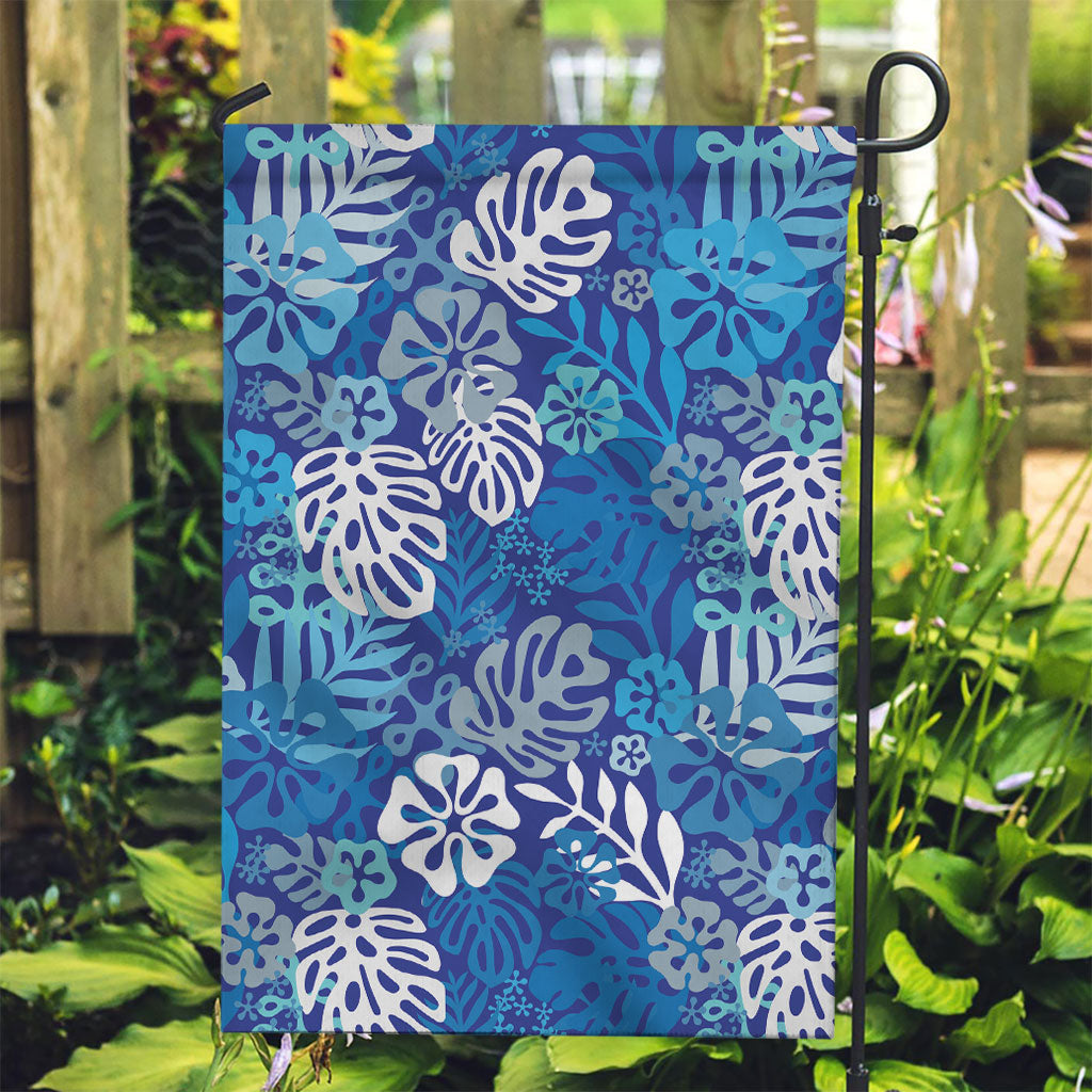 Blue Aloha Hawaiian Garden Flag Monstera Hibiscus Tropical Pattern