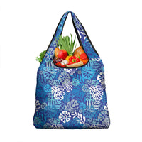 Blue Aloha Hawaiian Grocery Bag Monstera Hibiscus Tropical Pattern