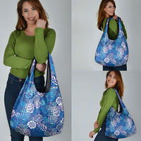 Blue Aloha Hawaiian Grocery Bag Monstera Hibiscus Tropical Pattern
