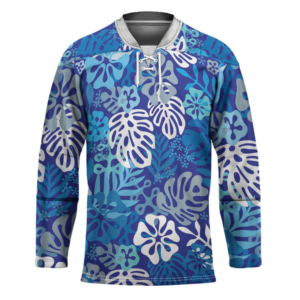 Blue Aloha Hawaiian Hockey Jersey Monstera Hibiscus Tropical Pattern