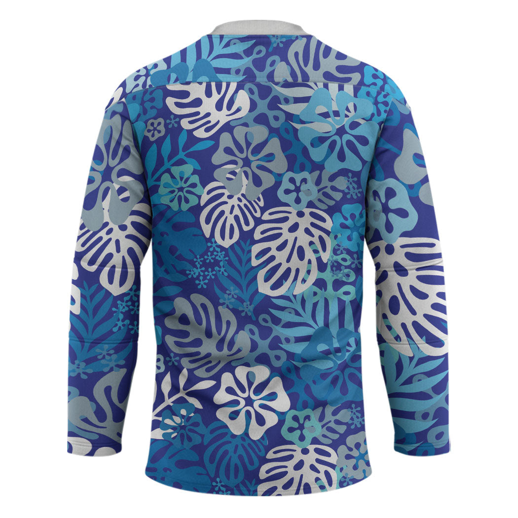 Blue Aloha Hawaiian Hockey Jersey Monstera Hibiscus Tropical Pattern