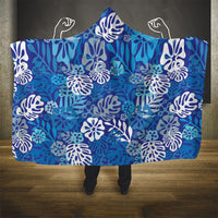 Blue Aloha Hawaiian Hooded Blanket Monstera Hibiscus Tropical Pattern
