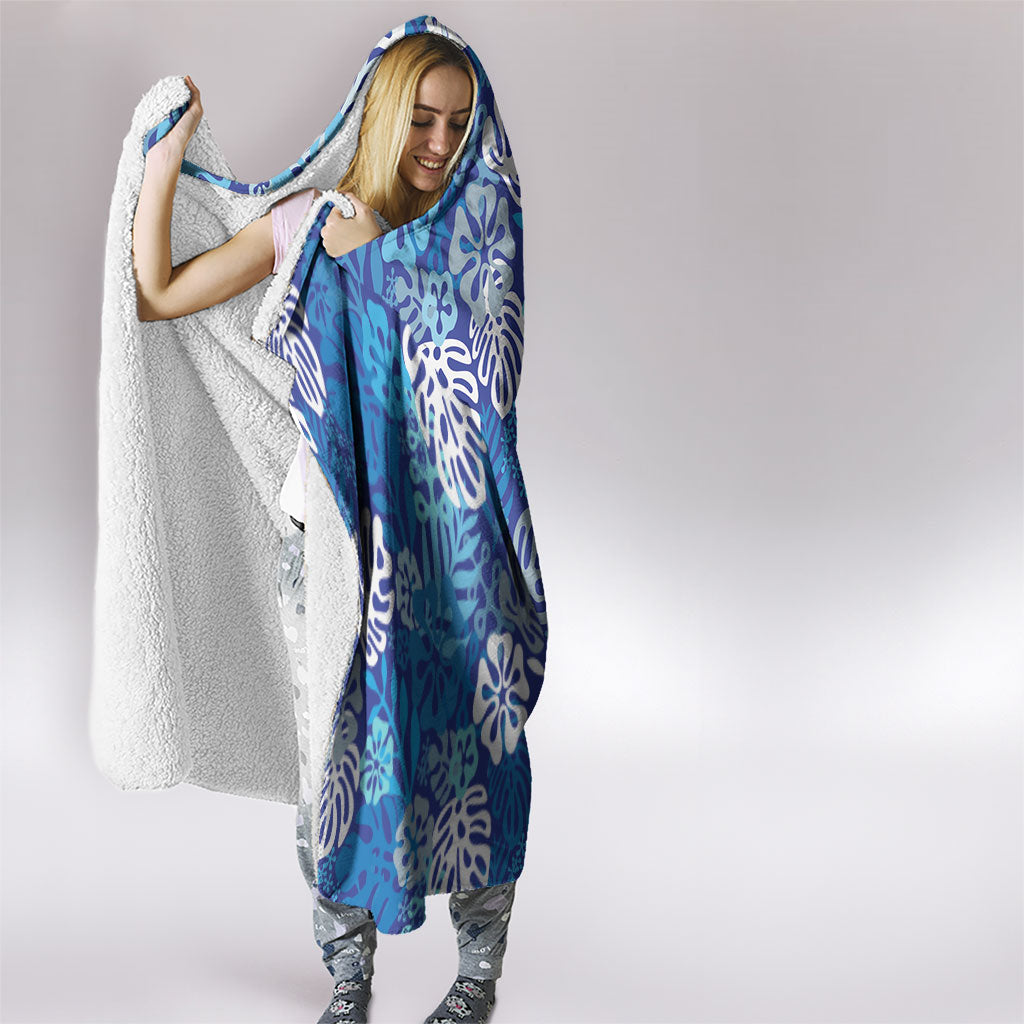 Blue Aloha Hawaiian Hooded Blanket Monstera Hibiscus Tropical Pattern