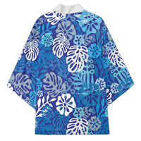 Blue Aloha Hawaiian Kimono Monstera Hibiscus Tropical Pattern