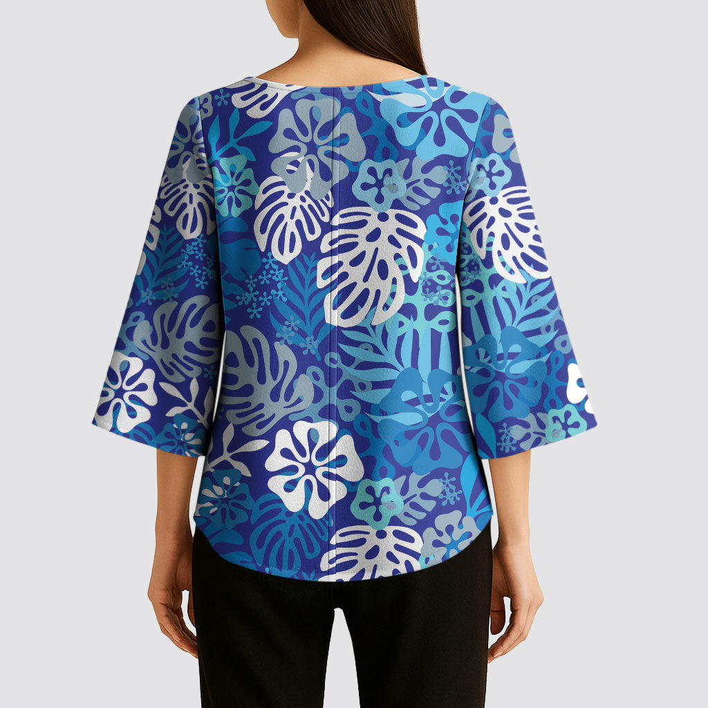 Blue Aloha Hawaiian Kimono Sleeve Blouse Monstera Hibiscus Tropical Pattern