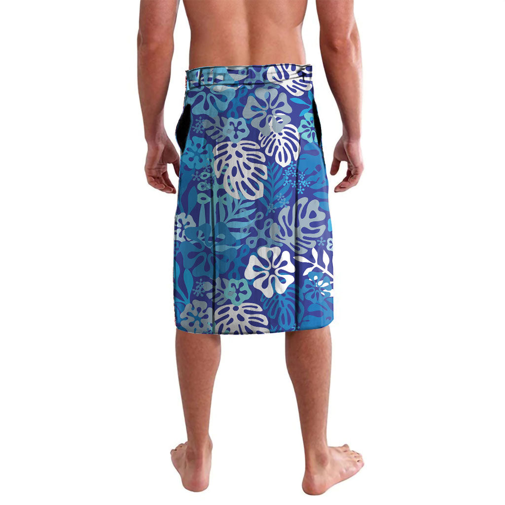 Blue Aloha Hawaiian Lavalava Monstera Hibiscus Tropical Pattern