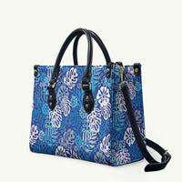 Blue Aloha Hawaiian Leather Bag Monstera Hibiscus Tropical Pattern