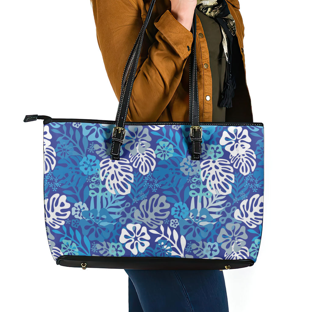Blue Aloha Hawaiian Leather Tote Bag Monstera Hibiscus Tropical Pattern