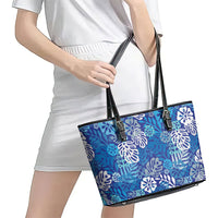 Blue Aloha Hawaiian Leather Tote Bag Monstera Hibiscus Tropical Pattern