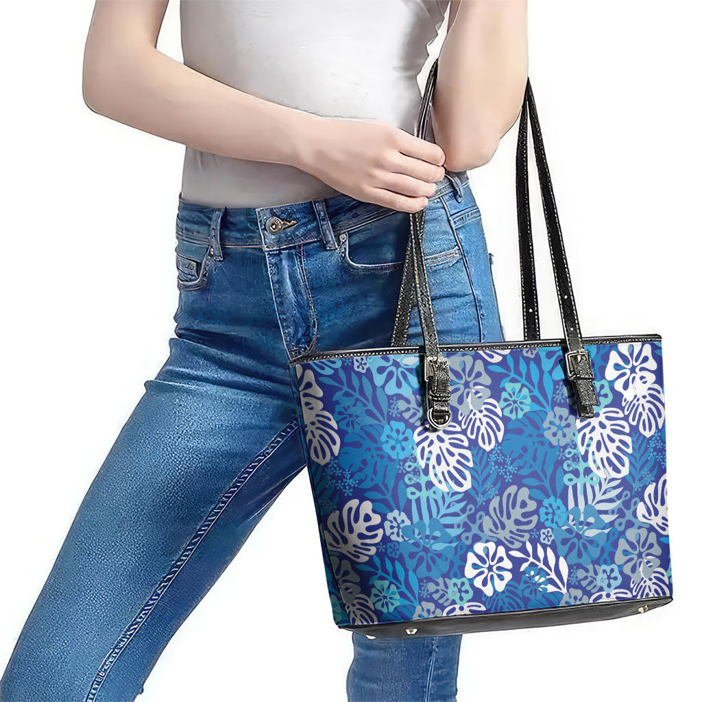 Blue Aloha Hawaiian Leather Tote Bag Monstera Hibiscus Tropical Pattern