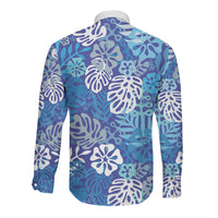 Blue Aloha Hawaiian Long Sleeve Button Shirt Monstera Hibiscus Tropical Pattern