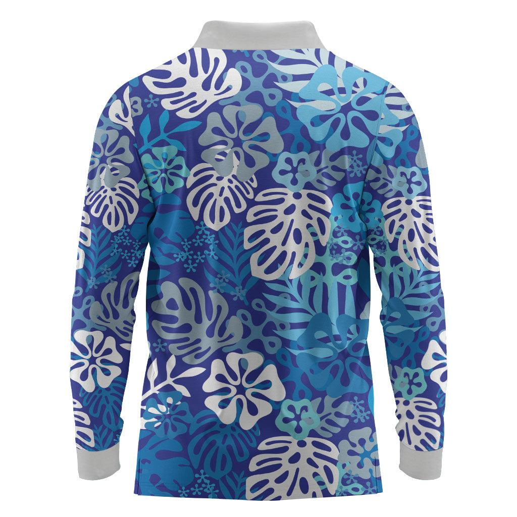 Blue Aloha Hawaiian Long Sleeve Polo Shirt Monstera Hibiscus Tropical Pattern