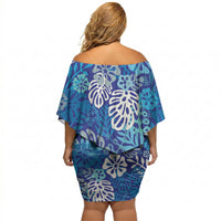 Blue Aloha Hawaiian Off Shoulder Short Dress Monstera Hibiscus Tropical Pattern