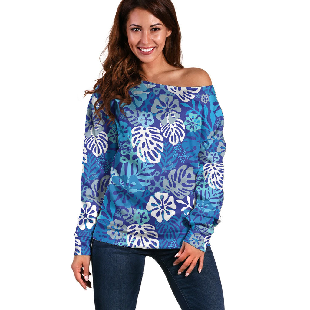 Blue Aloha Hawaiian Off Shoulder Sweater Monstera Hibiscus Tropical Pattern