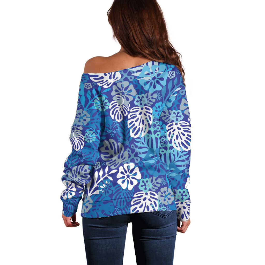 Blue Aloha Hawaiian Off Shoulder Sweater Monstera Hibiscus Tropical Pattern