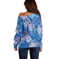 Blue Aloha Hawaiian Off Shoulder Sweater Monstera Hibiscus Tropical Pattern