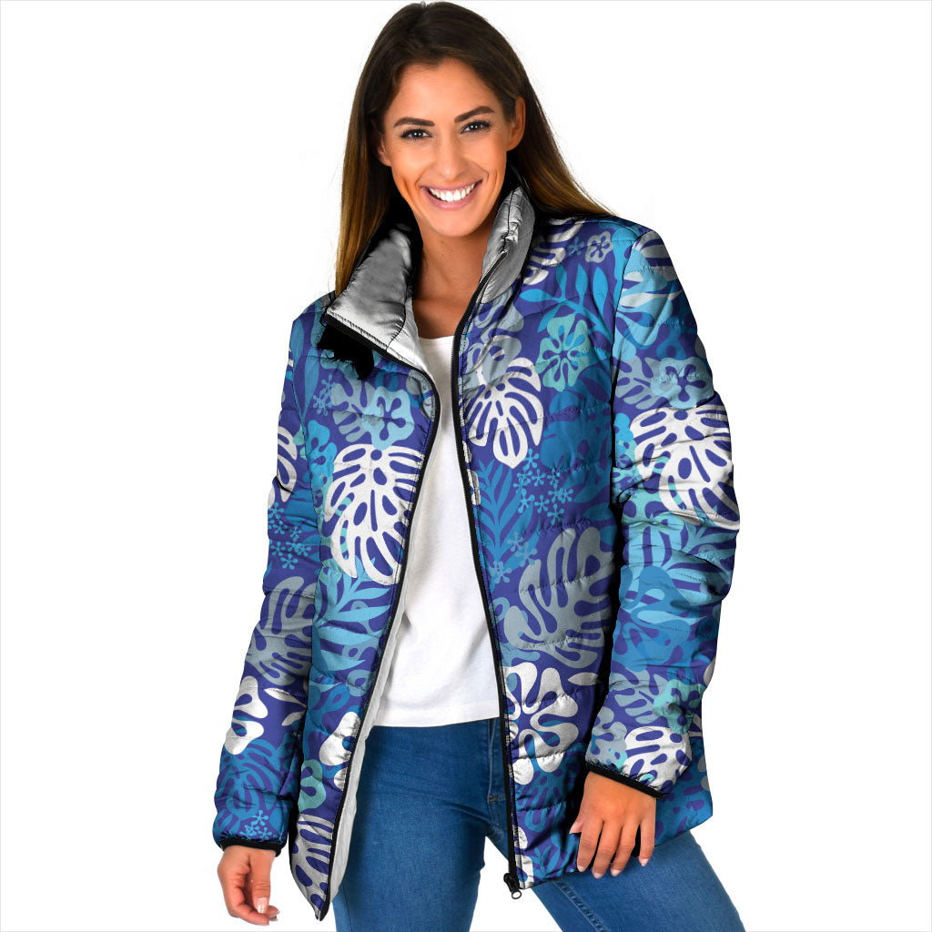 Blue Aloha Hawaiian Padded Jacket Monstera Hibiscus Tropical Pattern