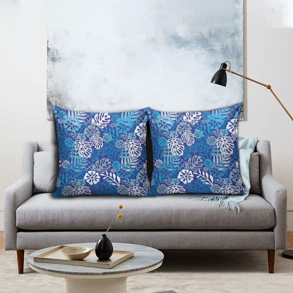 Blue Aloha Hawaiian Pillow Cover Monstera Hibiscus Tropical Pattern
