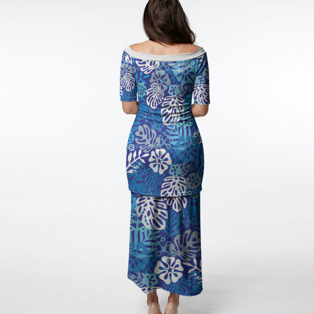 Blue Aloha Hawaiian Puletasi Monstera Hibiscus Tropical Pattern
