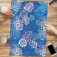 Blue Aloha Hawaiian Puzzle Monstera Hibiscus Tropical Pattern