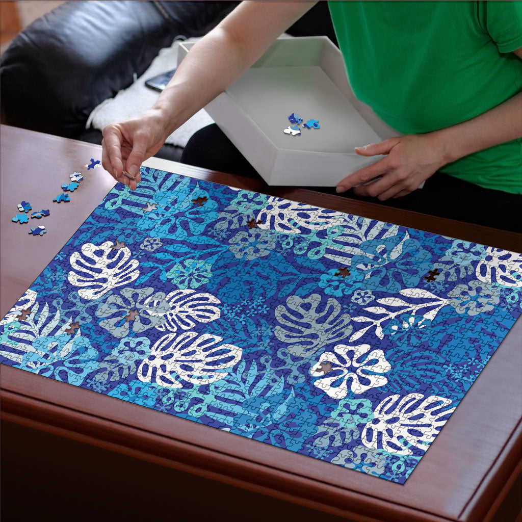 Blue Aloha Hawaiian Puzzle Monstera Hibiscus Tropical Pattern